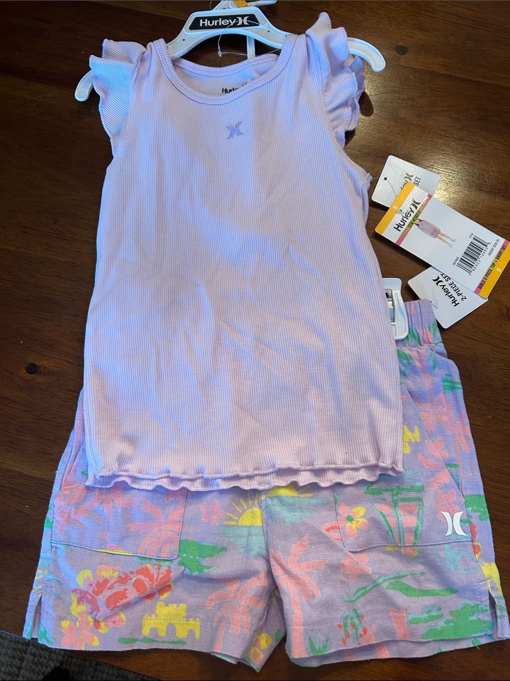 Hurley Lavender Ribbed Ruffle Sleeve tank Set with Pastel Print Shorts